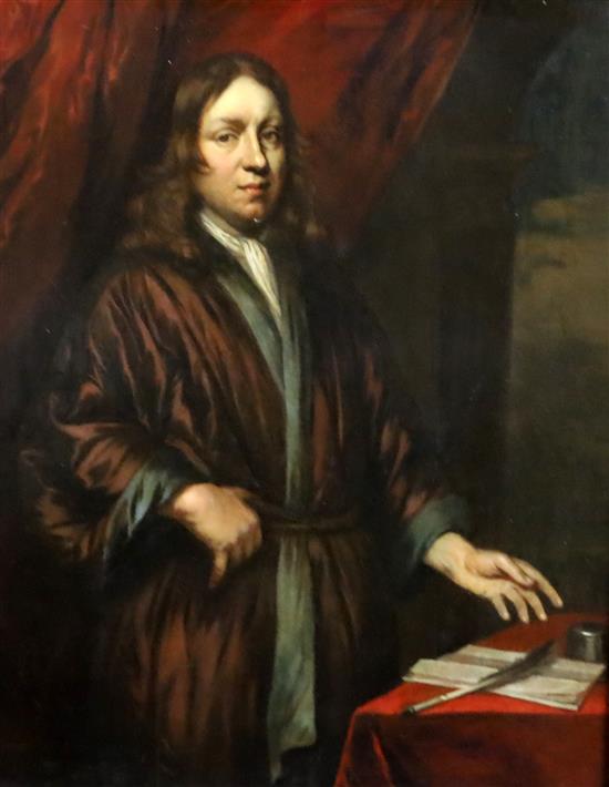 Hendrik Berckman (1629-1679) Three quarter length portrait of a gentleman standing at a writing table 19 x 15in.
